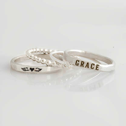 For Memorial - Even Death Can't Stop Me From Loving Him Angel Custom Name Stacked Ring - 4 Rings Set