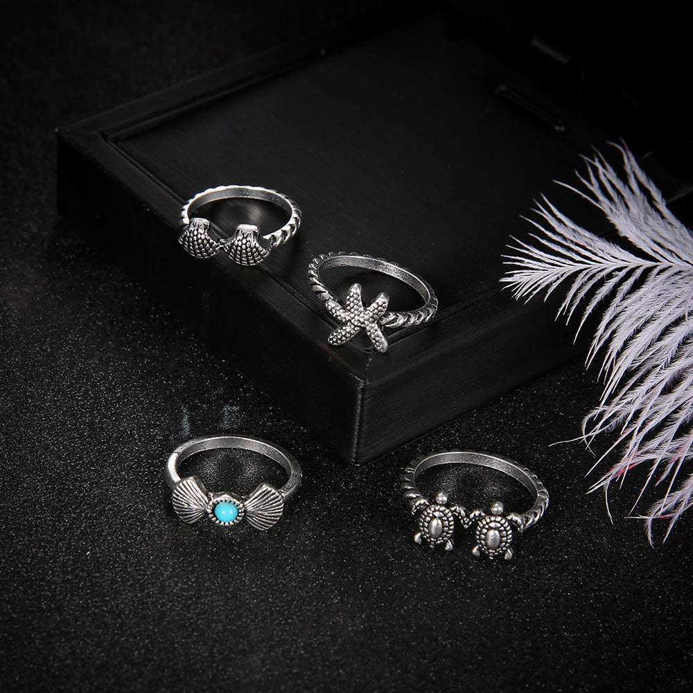 Summer Beach Starfish Shell Turtle 4-Piece Set Ring
