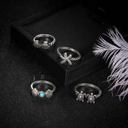 Summer Beach Starfish Shell Turtle 4-Piece Set Ring