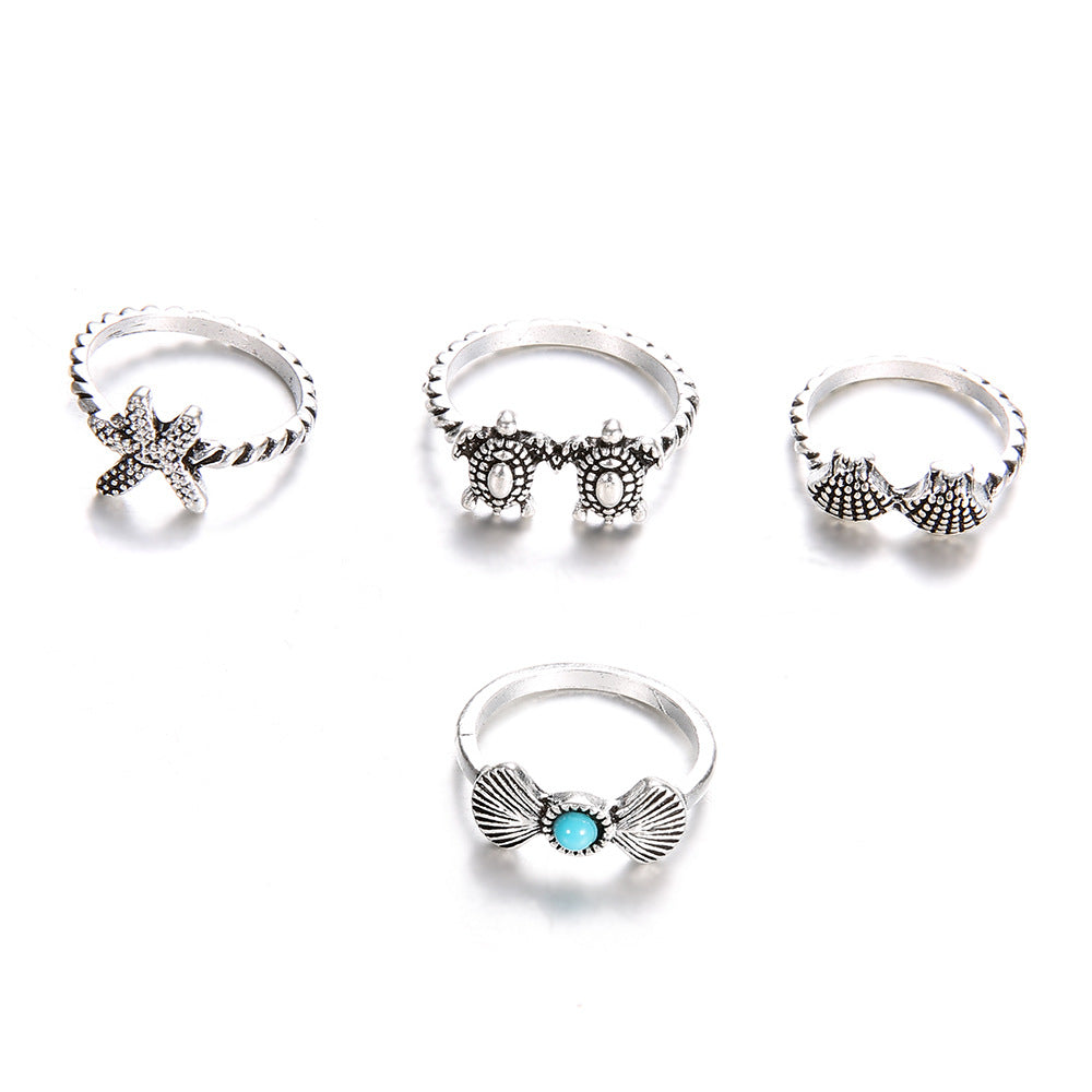 Summer Beach Starfish Shell Turtle 4-Piece Set Ring