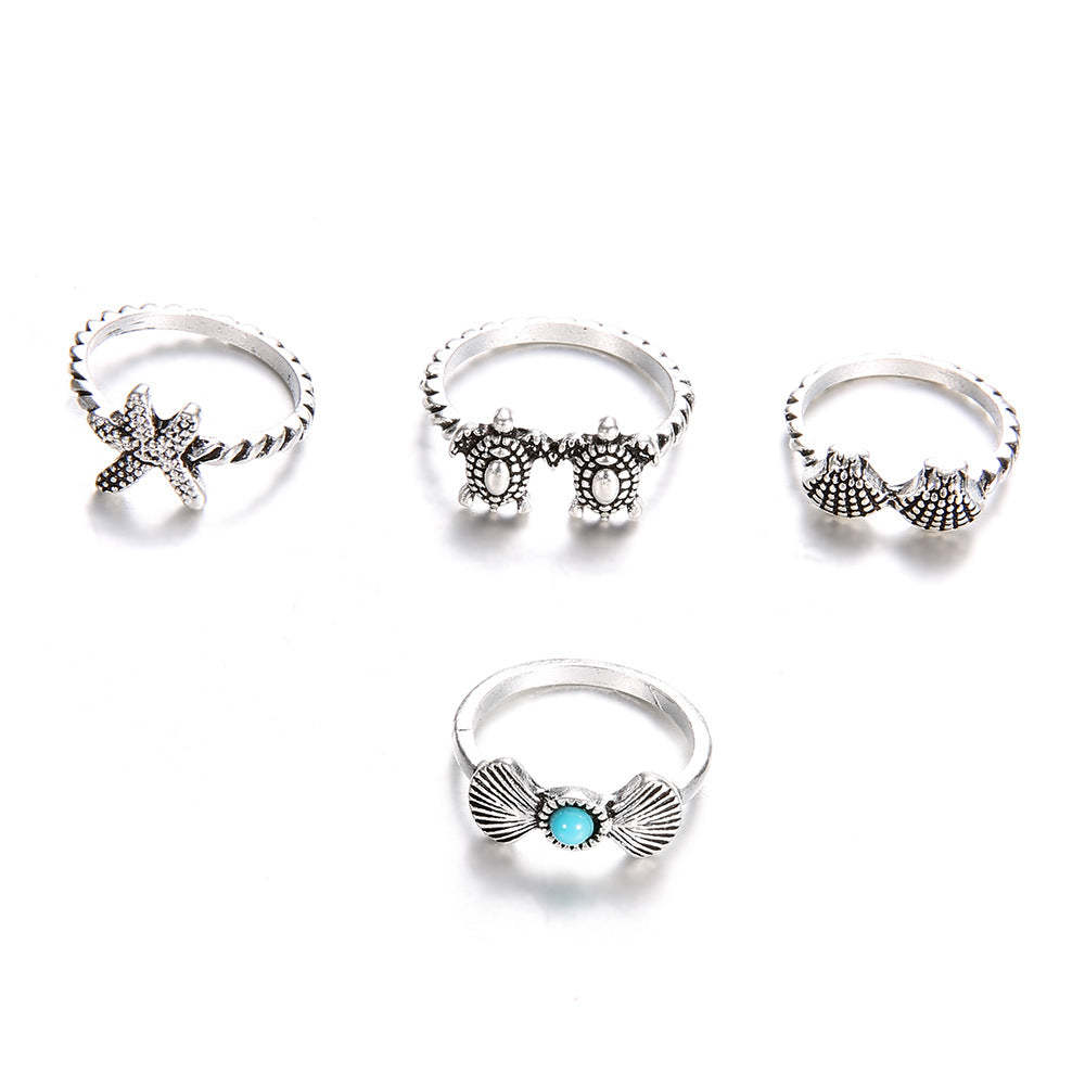 Summer Beach Starfish Shell Turtle 4-Piece Set Ring
