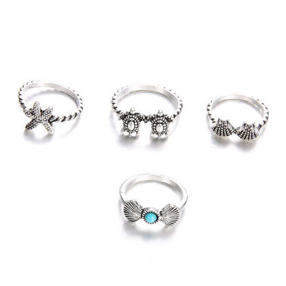 Summer Beach Starfish Shell Turtle 4-Piece Set Ring