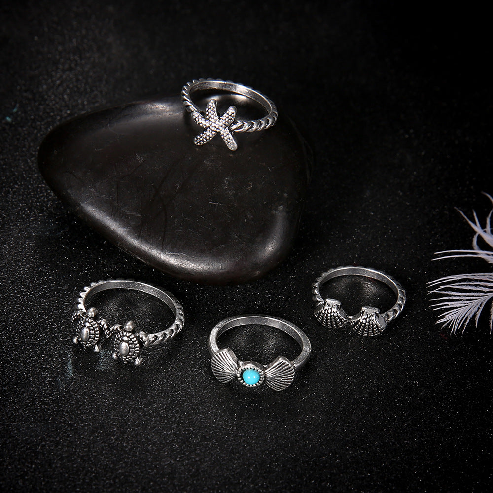 Summer Beach Starfish Shell Turtle 4-Piece Set Ring
