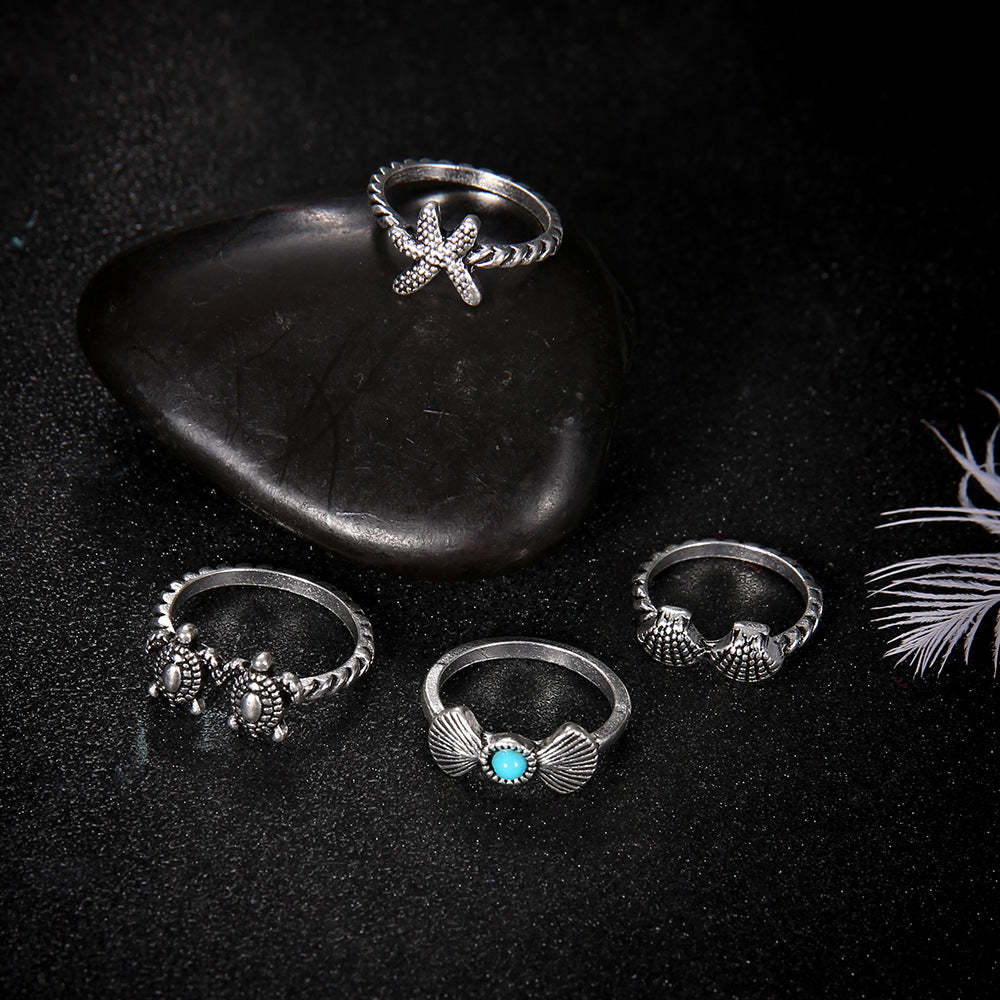 Summer Beach Starfish Shell Turtle 4-Piece Set Ring