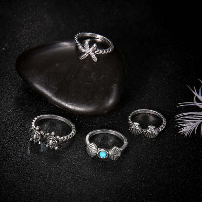 Summer Beach Starfish Shell Turtle 4-Piece Set Ring