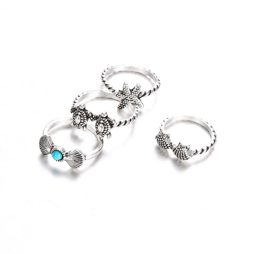 Summer Beach Starfish Shell Turtle 4-Piece Set Ring