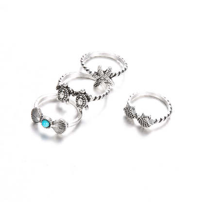 Summer Beach Starfish Shell Turtle 4-Piece Set Ring