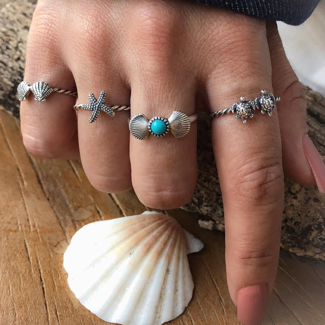 Summer Beach Starfish Shell Turtle 4-Piece Set Ring