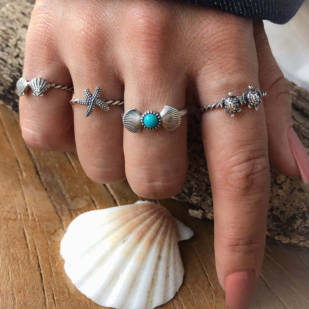 Summer Beach Starfish Shell Turtle 4-Piece Set Ring