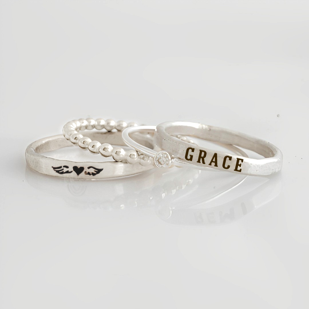 For Memorial - To My Mother In Heaven Heart Wings Stacked Custom Ring