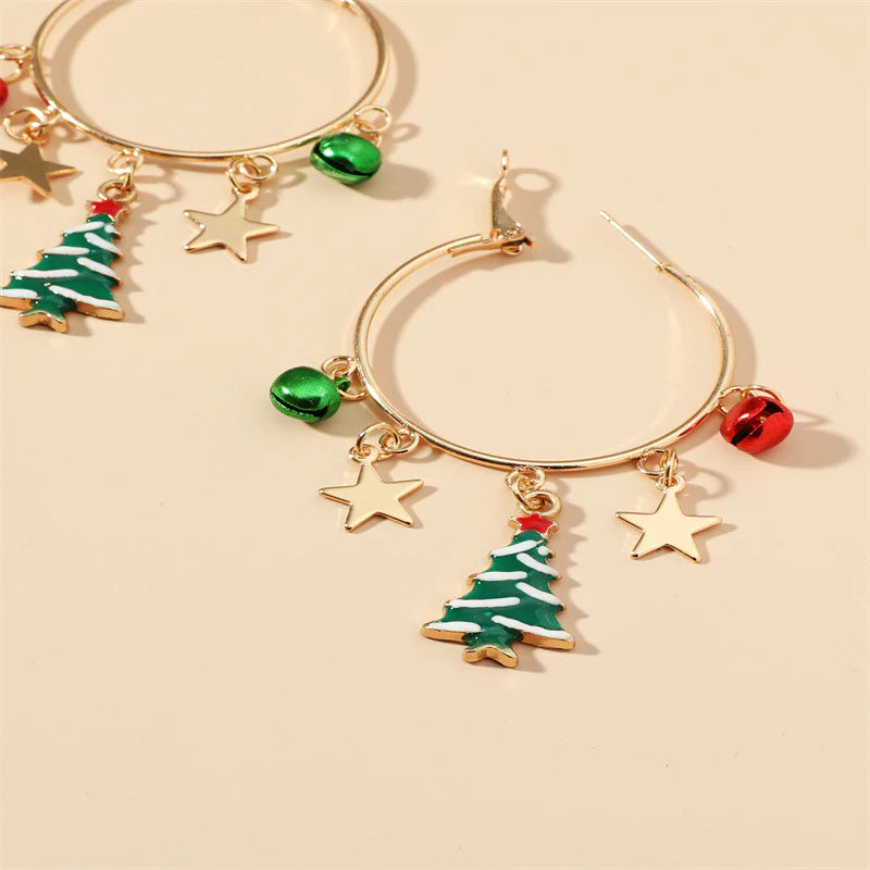 Christmas Tree and Star and Bell Circle Pendent Earrings-37bracelet