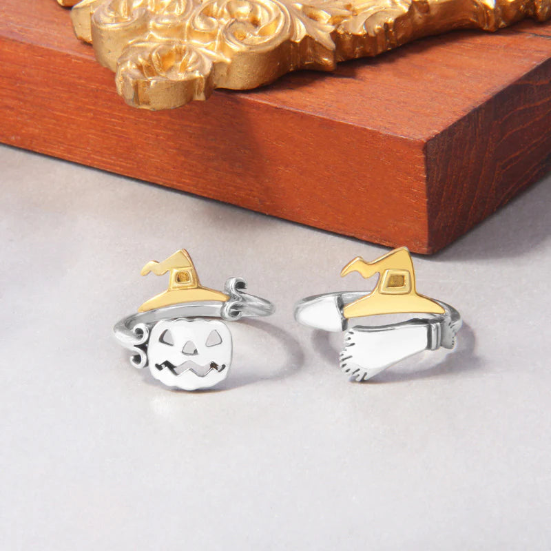 Pumpkin Witch Magic Broom Pair Ring