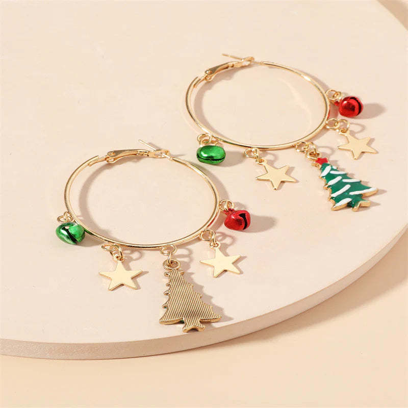Christmas Tree and Star and Bell Circle Pendent Earrings-37bracelet