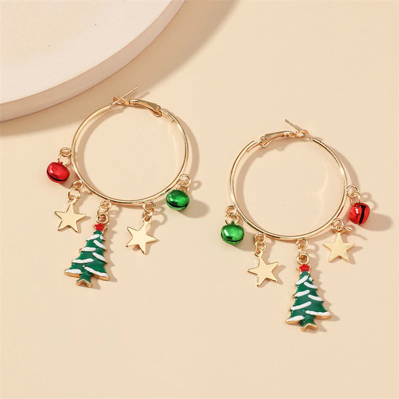 Christmas Tree and Star and Bell Circle Pendent Earrings-37bracelet