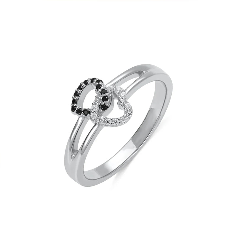 For Couples - S925 We're A Team A Bond That Can't Be Broken Black Diamond Double Heart Ring