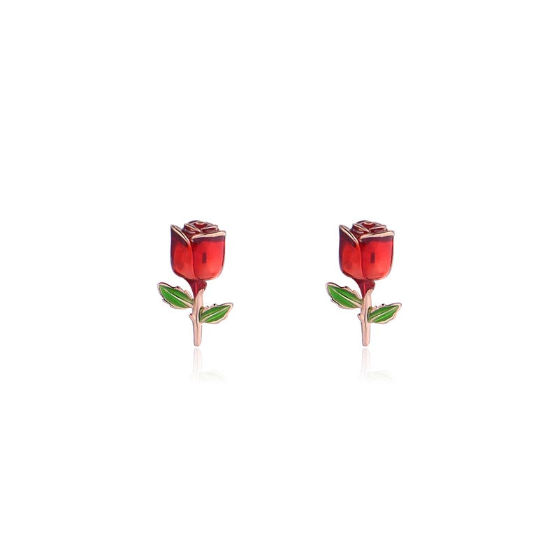 S925 Red Rose Earrings
