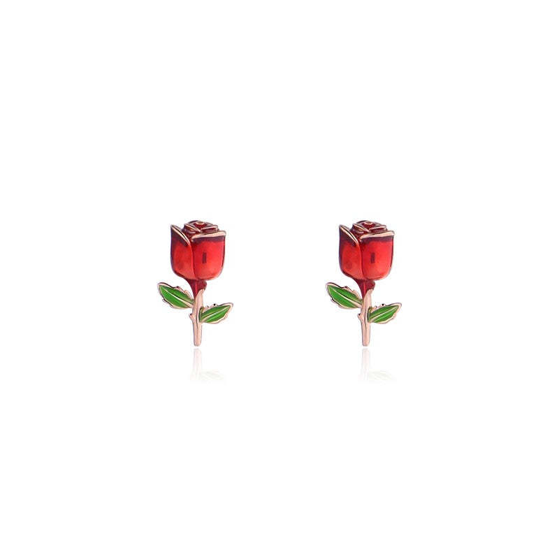 S925 Red Rose Earrings