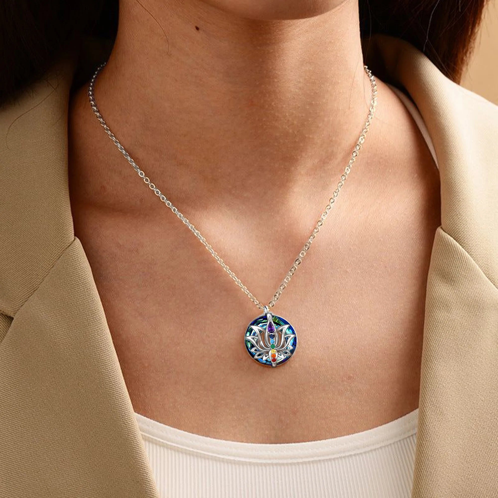 S925 Slow Down and Breathe Colorful Crystal Lotus Necklace