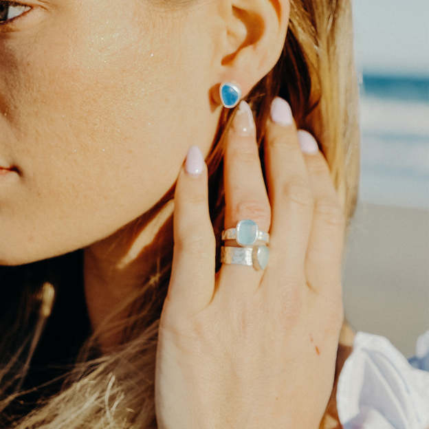S925 Thalassophile Irregular Sea Glass Wide Band Ring