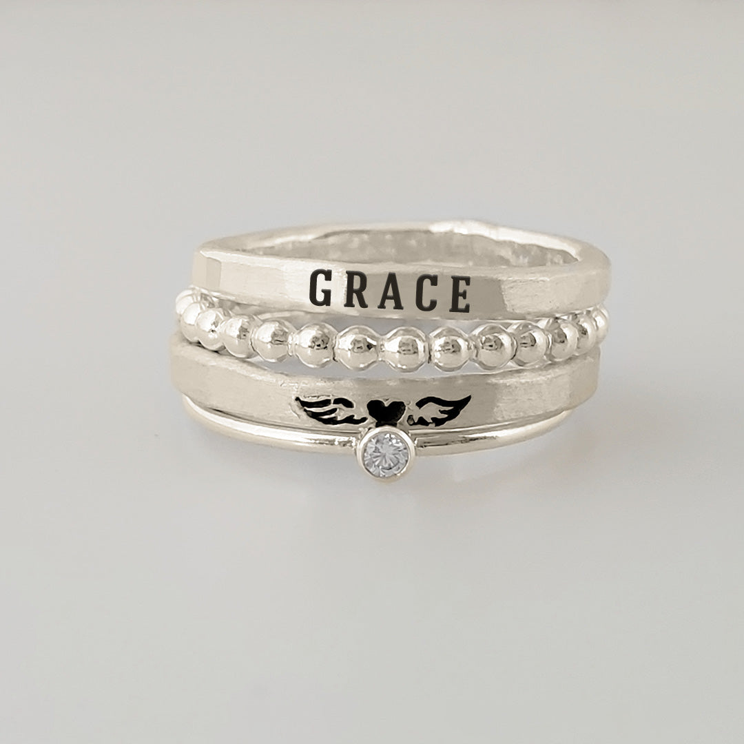For Memorial - Even Death Can't Stop Me From Loving Him Angel Custom Name Stacked Ring - 4 Rings Set