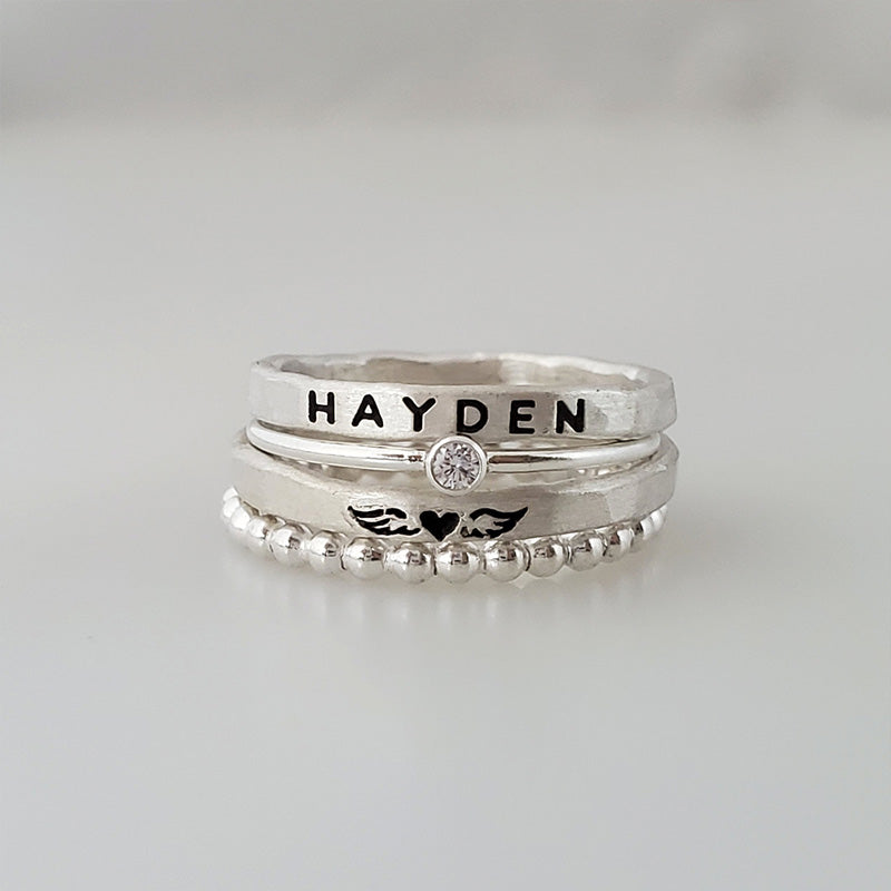 For Memorial - S925 Daughter of an Angel Name Stacked Ring - 4 Rings Set