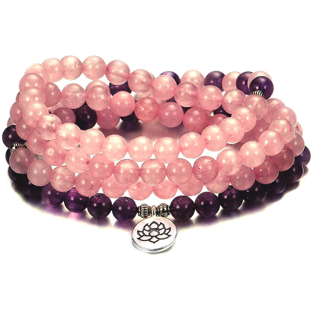 Self-awareness & Healing Mala Rose Quartz Amethyst Beaded Bracelet