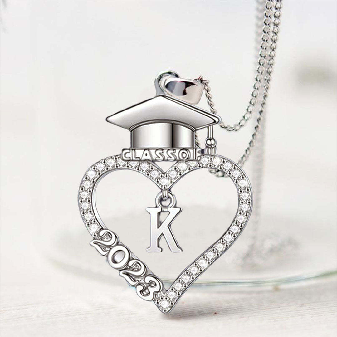 S925 Class of 2023 Love Heart Bachelor Cap Initial Necklace