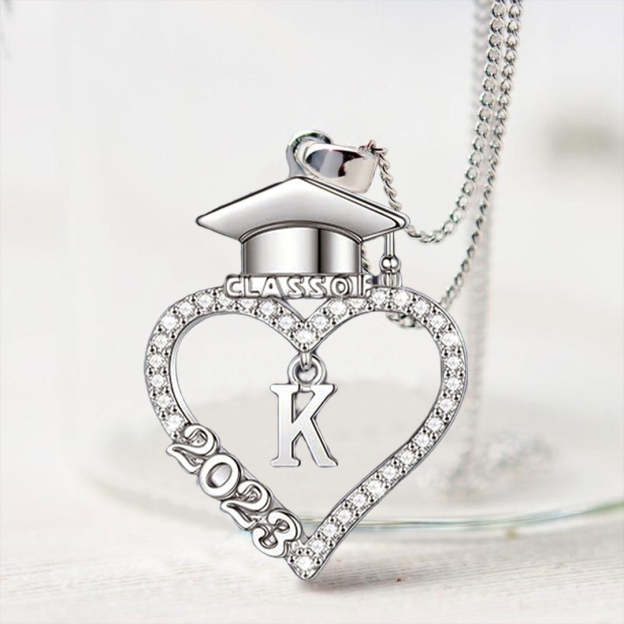 S925 Class of 2023 Love Heart Bachelor Cap Initial Necklace