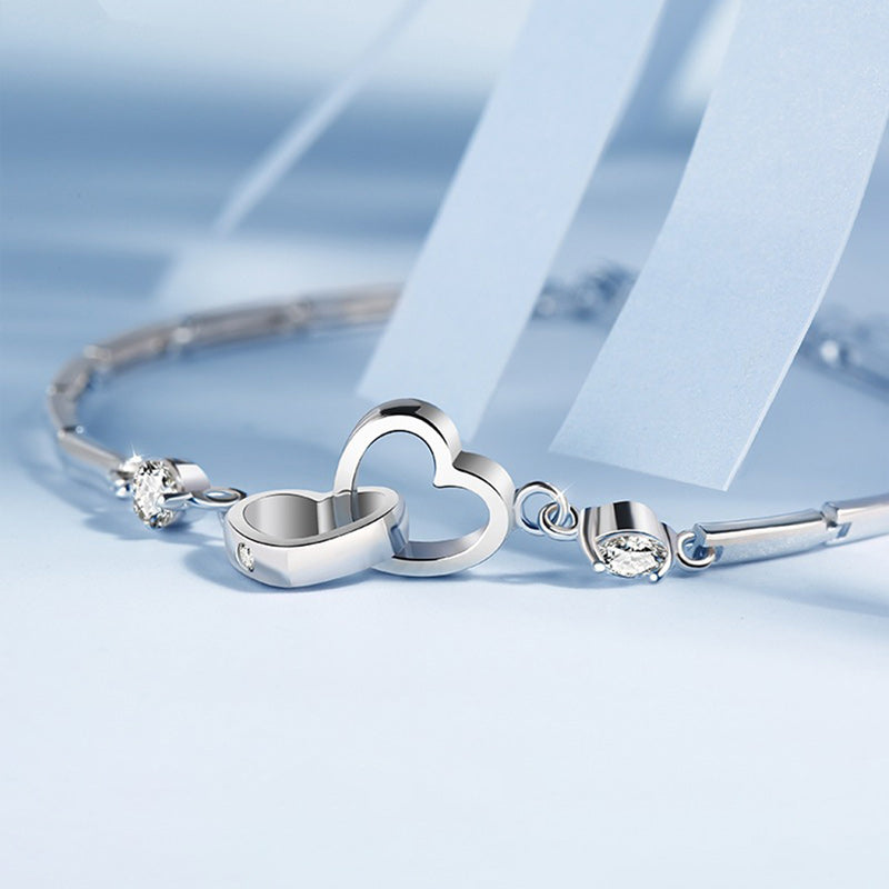 For Mother/Daughter - S925 Mother & Daughter Forever Linked Together Crystal Heart To Heart Bracelet