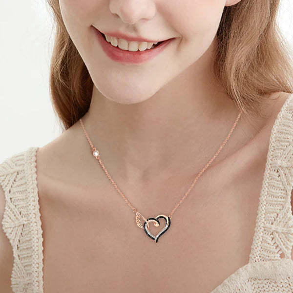 For Memorial - I Will Always Love You Mom Black Diamond Heart Wings Necklace