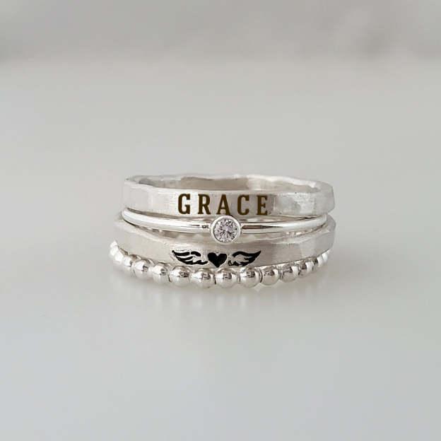 For Memorial - Even Death Can't Stop Me From Loving Him Angel Custom Name Stacked Ring - 4 Rings Set