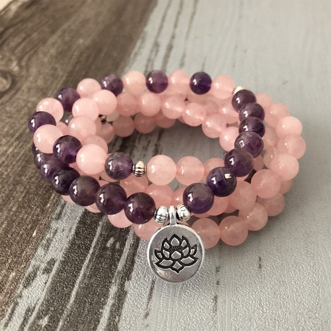 Self-awareness & Healing Mala Rose Quartz Amethyst Beaded Bracelet