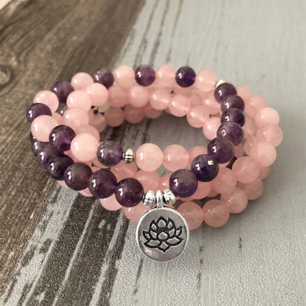 Self-awareness & Healing Mala Rose Quartz Amethyst Beaded Bracelet