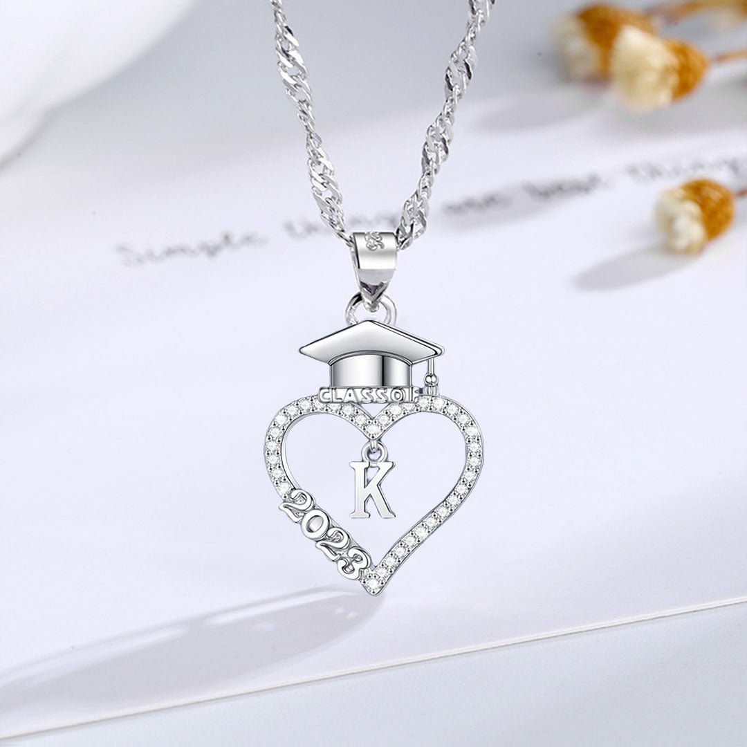 S925 Class of 2023 Love Heart Bachelor Cap Initial Necklace