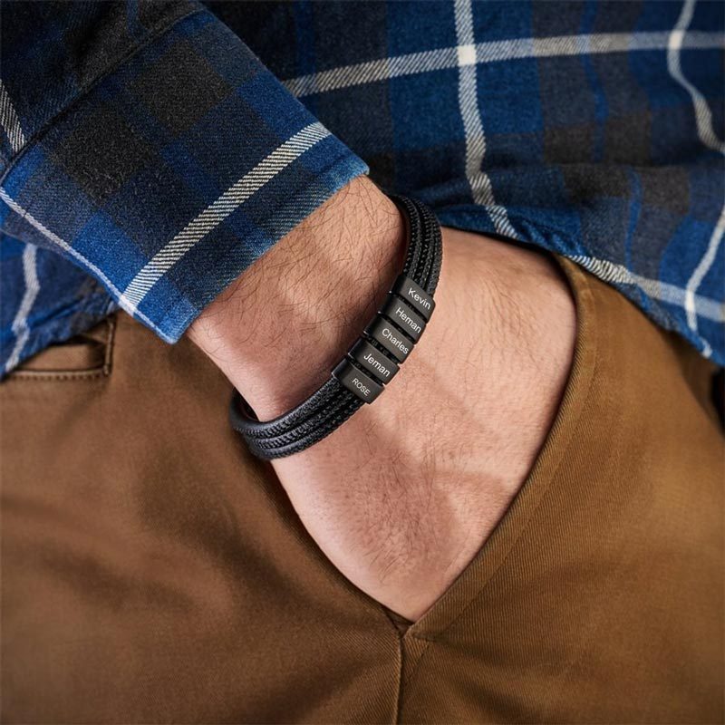 FOR FATHER - SPECIALIZED WITH FAMILIES' NAMES BEAD LEATHER BRAIDED BRACELET