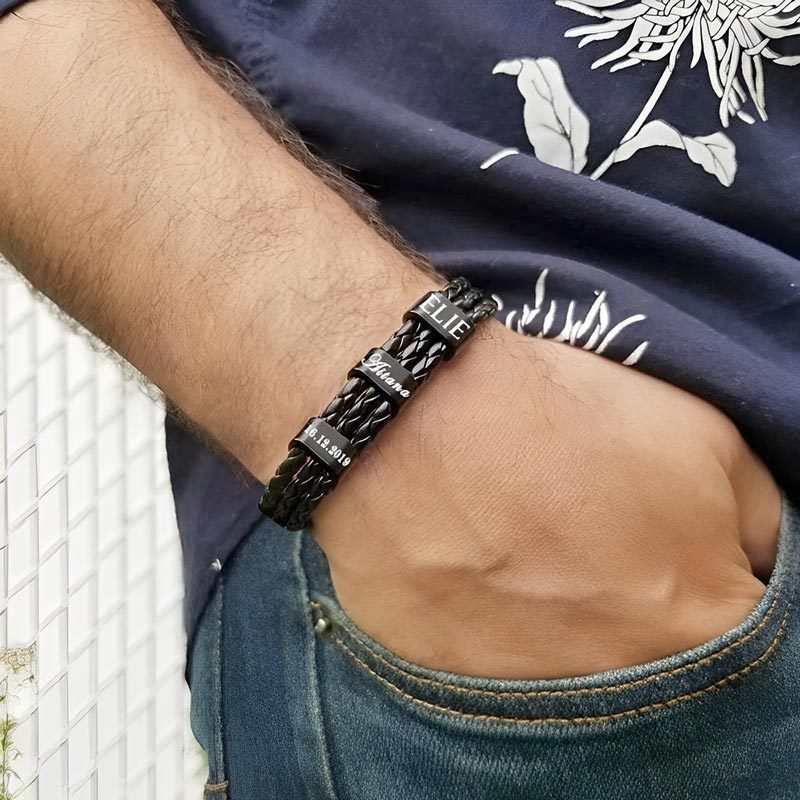 FOR FATHER - SPECIALIZED WITH FAMILIES' NAMES BEAD LEATHER BRAIDED BRACELET
