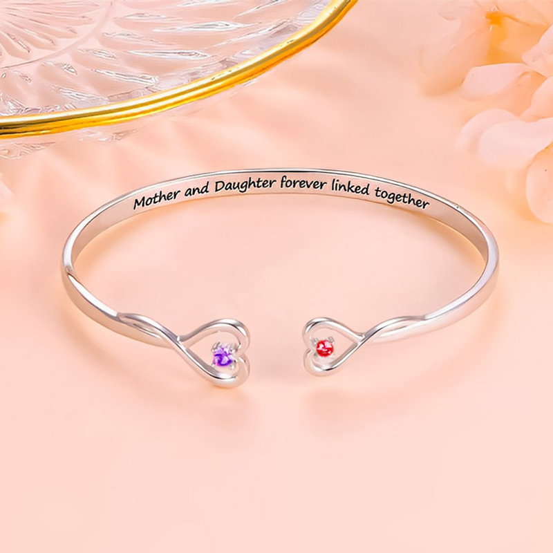 Mother & Daughter Forever linked Together Double Heart Custom Birthstone Bracelet