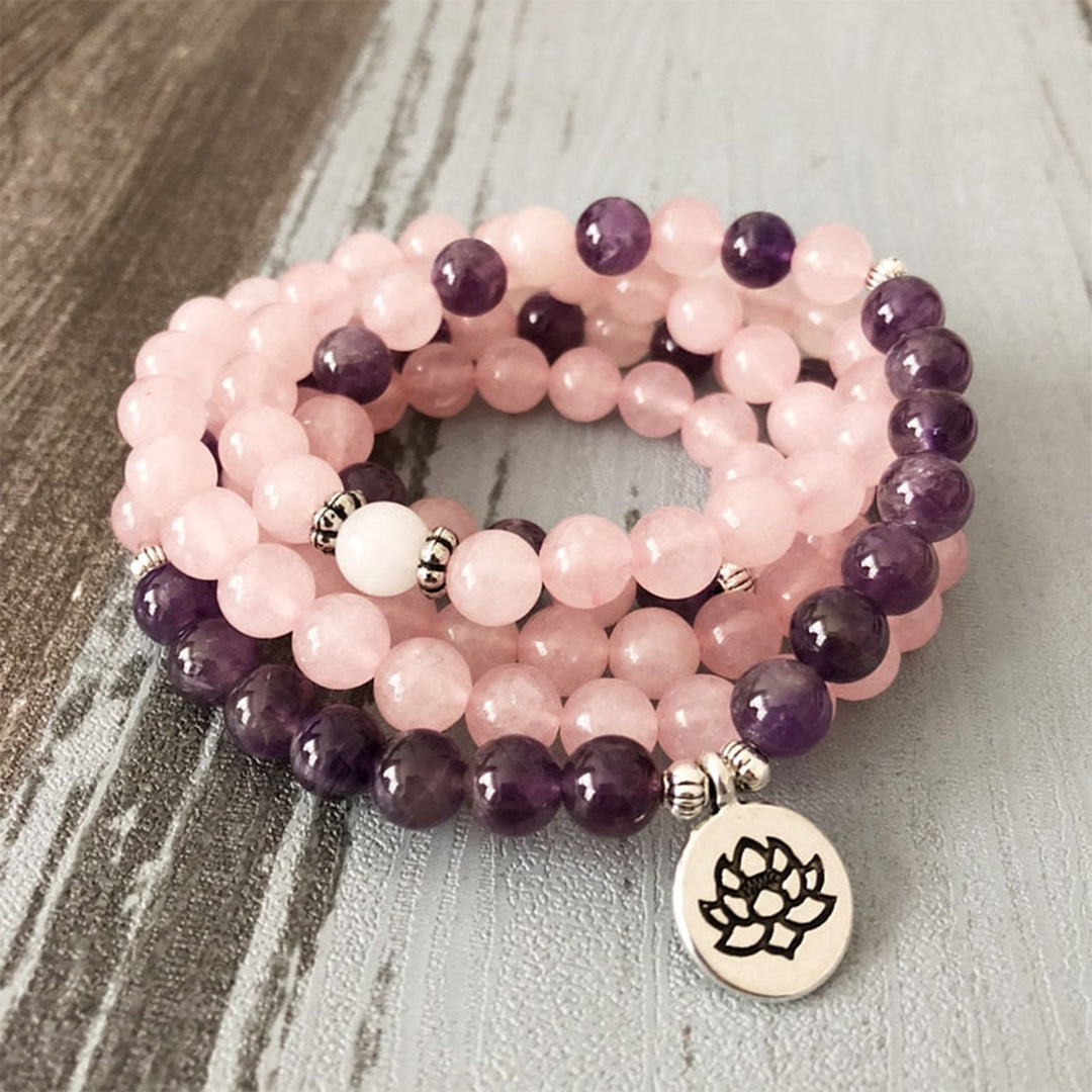 Self-awareness & Healing Mala Rose Quartz Amethyst Beaded Bracelet