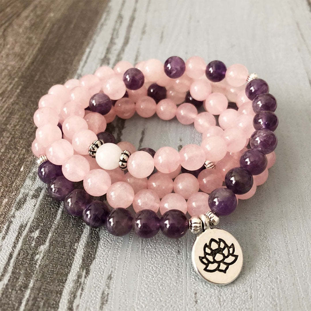 Self-awareness & Healing Mala Rose Quartz Amethyst Beaded Bracelet