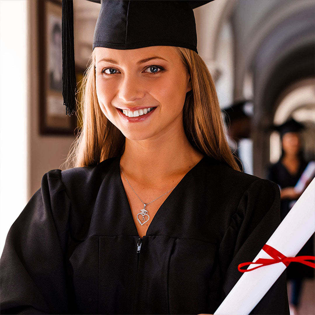S925 Class of 2023 Love Heart Bachelor Cap Initial Necklace