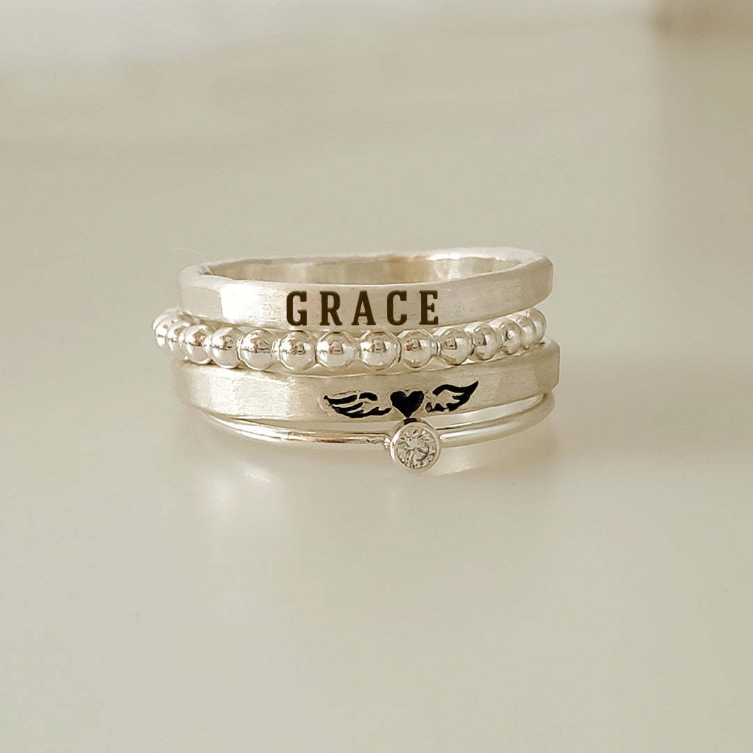 For Memorial - Even Death Can't Stop Me From Loving Him Angel Custom Name Stacked Ring - 4 Rings Set