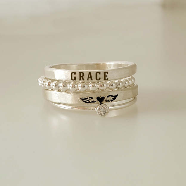 For Memorial - Even Death Can't Stop Me From Loving Him Angel Custom Name Stacked Ring - 4 Rings Set