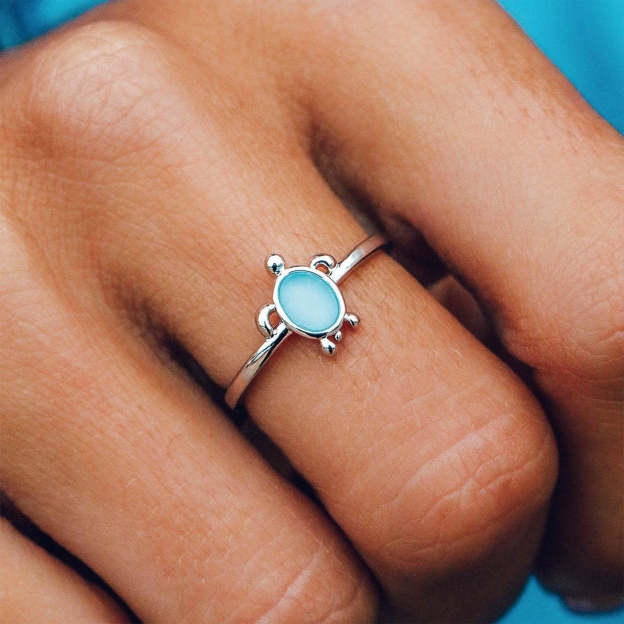 S925 Thalassophile Turtle Sea Glass Ring