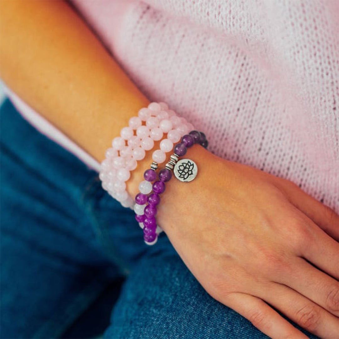 Self-awareness & Healing Mala Rose Quartz Amethyst Beaded Bracelet
