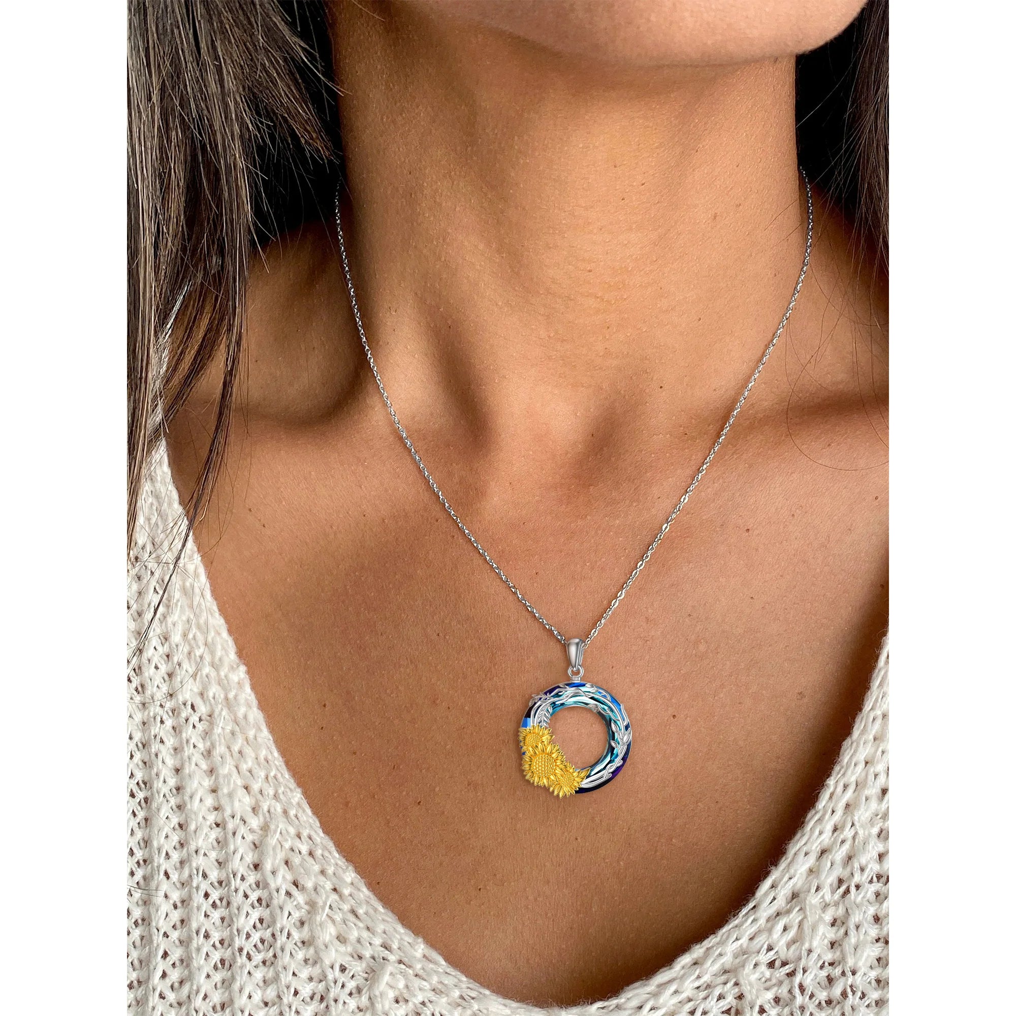 For Granddaughter - S925 You are My Sunshine Crystal Sunflowers and Vines Necklace