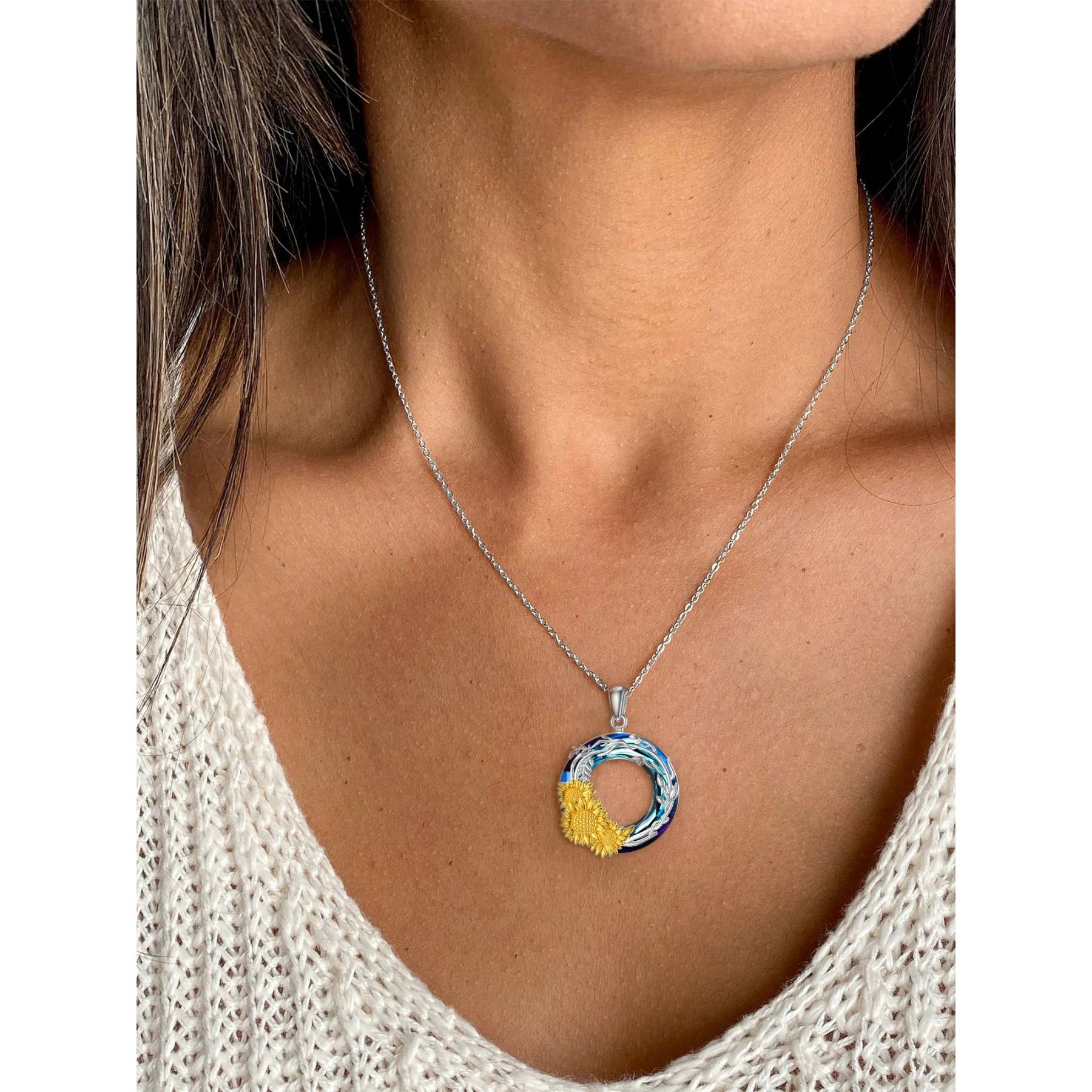For Granddaughter - S925 You are My Sunshine Crystal Sunflowers and Vines Necklace