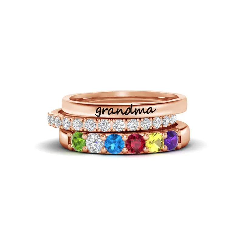 S925 Custom Name and Birthstone Stack Ring - 3 Set
