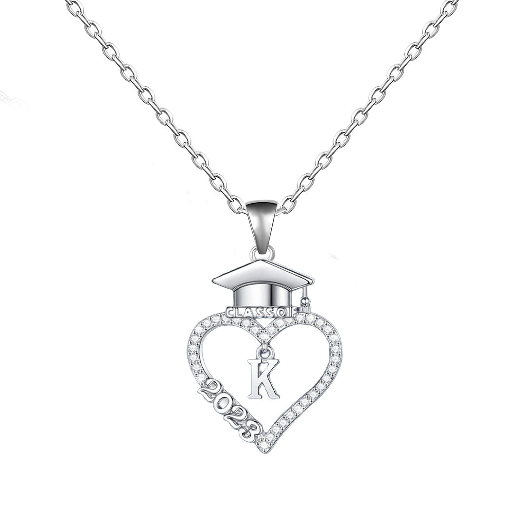 S925 Class of 2023 Love Heart Bachelor Cap Initial Necklace