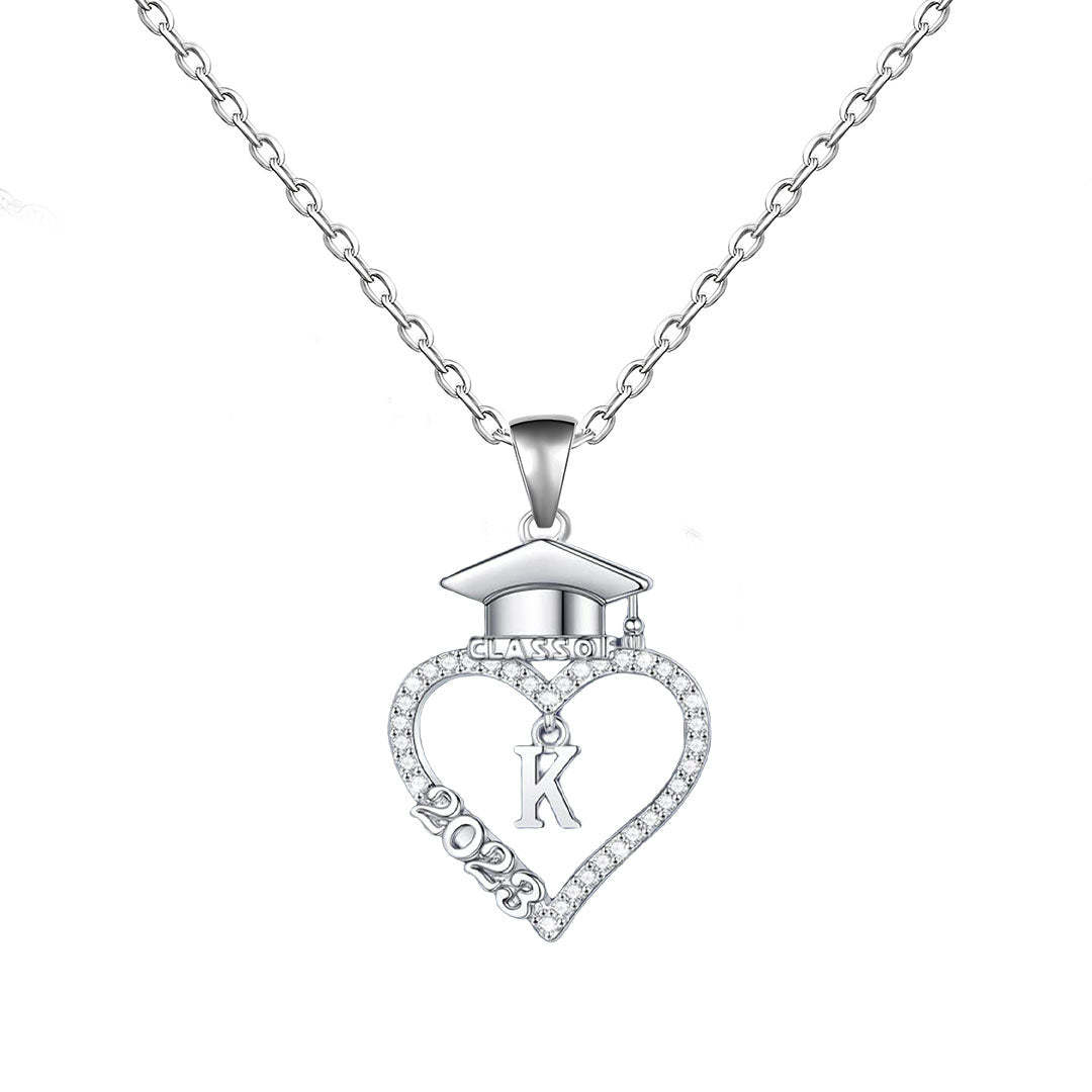 S925 Class of 2023 Love Heart Bachelor Cap Initial Necklace