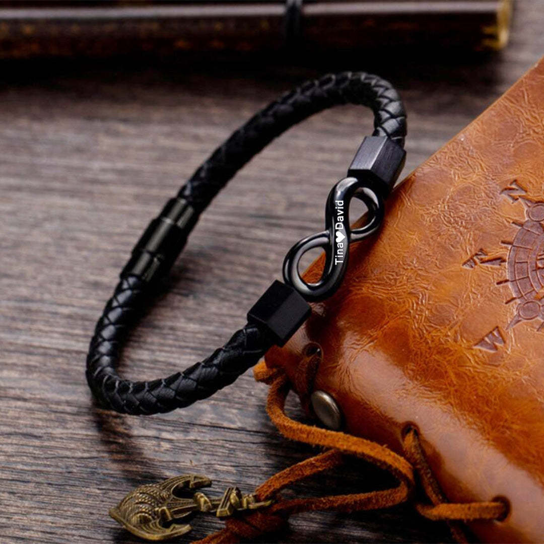 For Husband -  You are My King Personalized 2 Names Infinity Leather Bracelet
